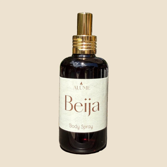 Body spray bottle with 'Beija' label on a white background